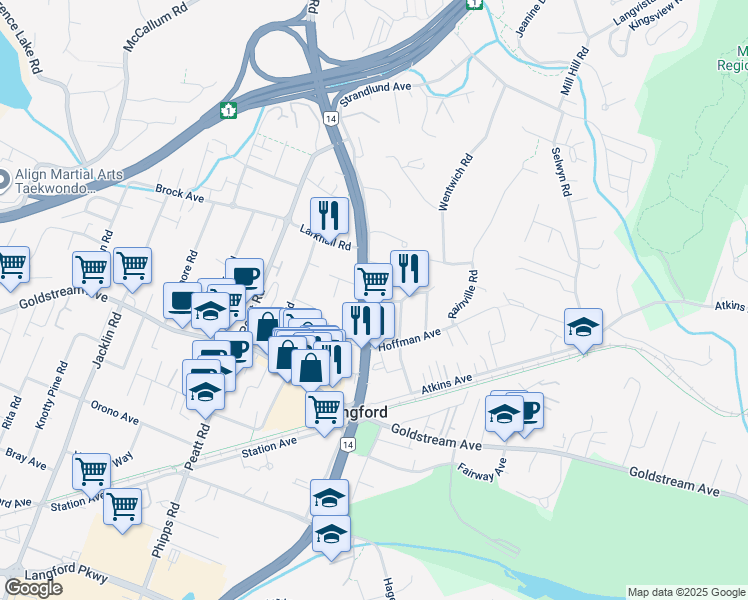 map of restaurants, bars, coffee shops, grocery stores, and more near 682 Wagar Avenue in Victoria