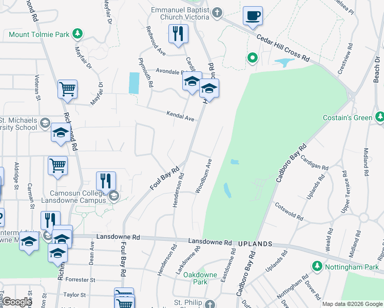 map of restaurants, bars, coffee shops, grocery stores, and more near 3293 Henderson Road in Victoria