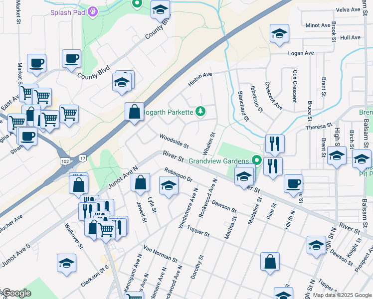 map of restaurants, bars, coffee shops, grocery stores, and more near 129 Woodside Street in Thunder Bay