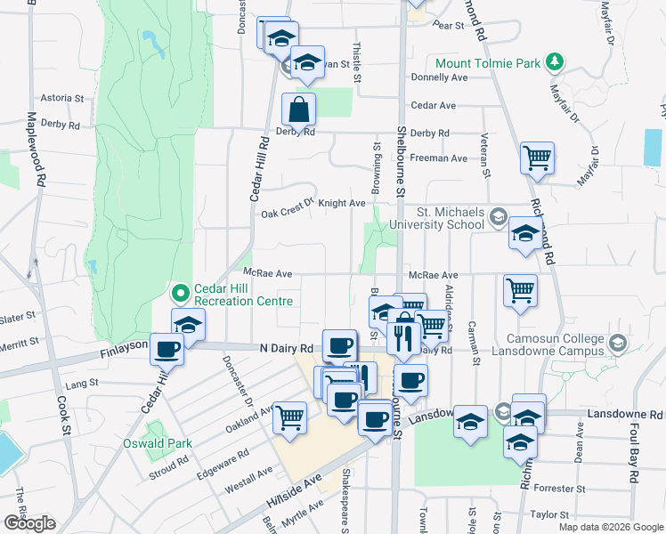 map of restaurants, bars, coffee shops, grocery stores, and more near 1580 McRae Avenue in Victoria