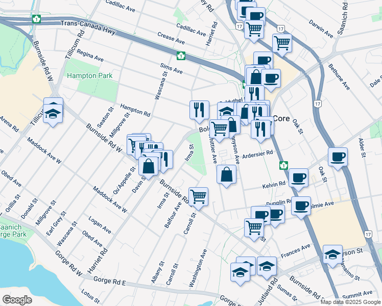 map of restaurants, bars, coffee shops, grocery stores, and more near 3264 Irma Street in Victoria