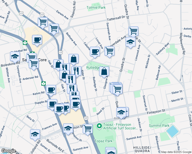 map of restaurants, bars, coffee shops, grocery stores, and more near 3255 Rutledge Street in Victoria