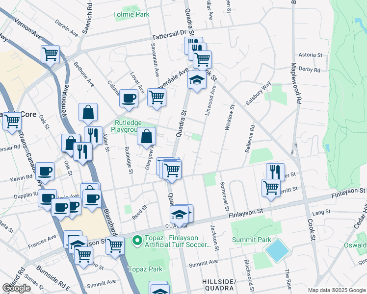 map of restaurants, bars, coffee shops, grocery stores, and more near 3277 Quadra Street in Victoria
