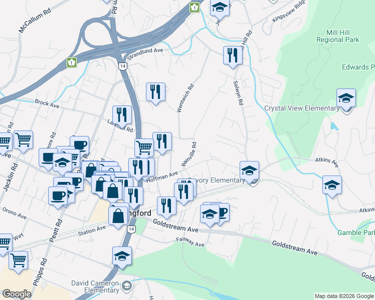 map of restaurants, bars, coffee shops, grocery stores, and more near 2694 Rainville Road in Victoria