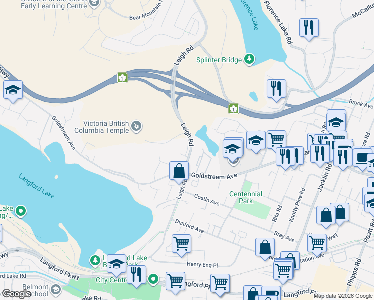 map of restaurants, bars, coffee shops, grocery stores, and more near 2757 Leigh Road in Victoria
