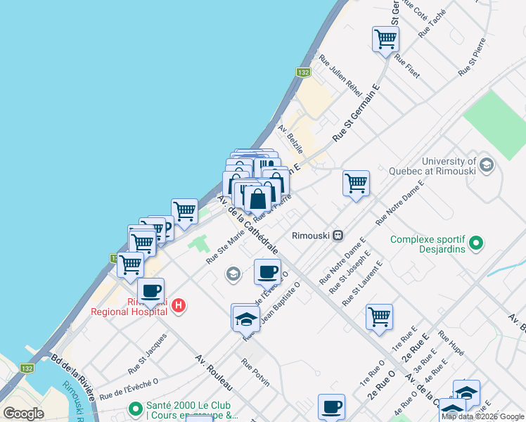 map of restaurants, bars, coffee shops, grocery stores, and more near 20 Rue Saint Pierre in Rimouski