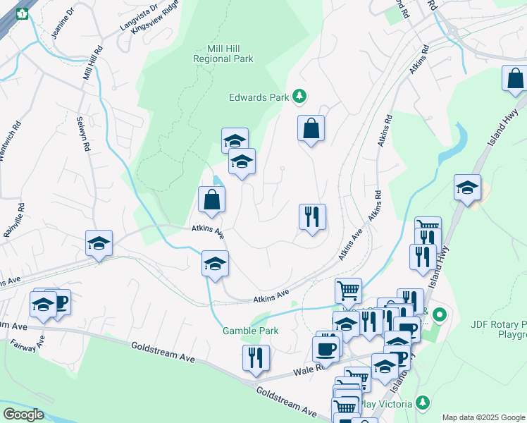 map of restaurants, bars, coffee shops, grocery stores, and more near 2675 Nugget Terrace in Victoria