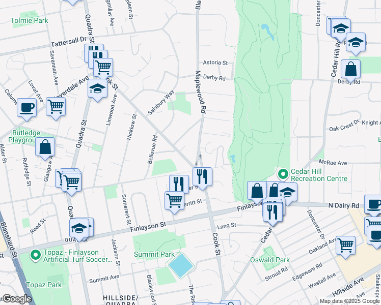 map of restaurants, bars, coffee shops, grocery stores, and more near 3255 Cook Street in Victoria