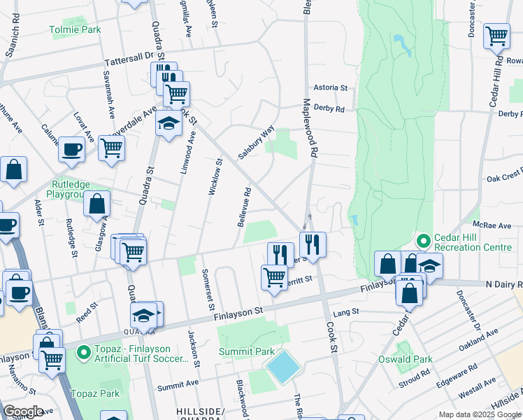 map of restaurants, bars, coffee shops, grocery stores, and more near Maywood Road in Victoria