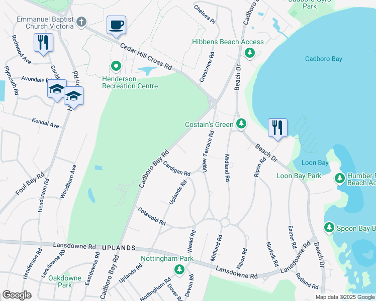 map of restaurants, bars, coffee shops, grocery stores, and more near 2450 Chiltern Place in Victoria