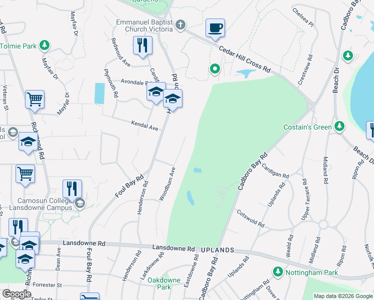 map of restaurants, bars, coffee shops, grocery stores, and more near 3391 Woodburn Avenue in Victoria