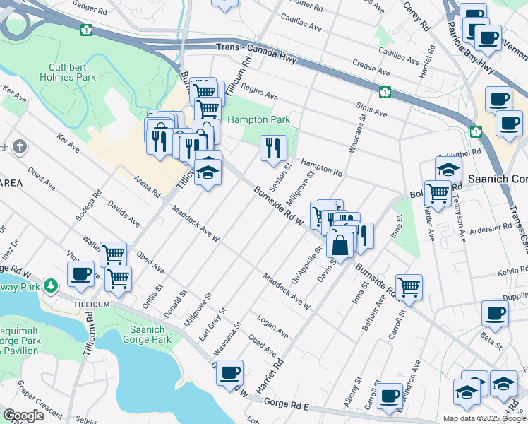 map of restaurants, bars, coffee shops, grocery stores, and more near 3178 Millgrove Street in Victoria