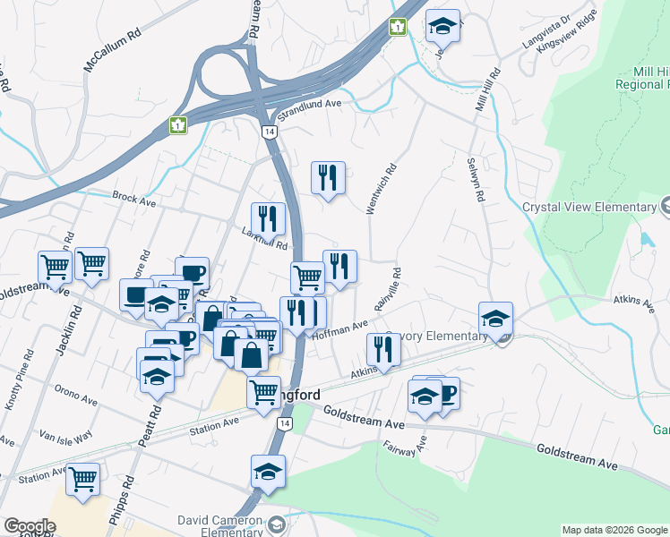 map of restaurants, bars, coffee shops, grocery stores, and more near 2678 Winster Road in Victoria