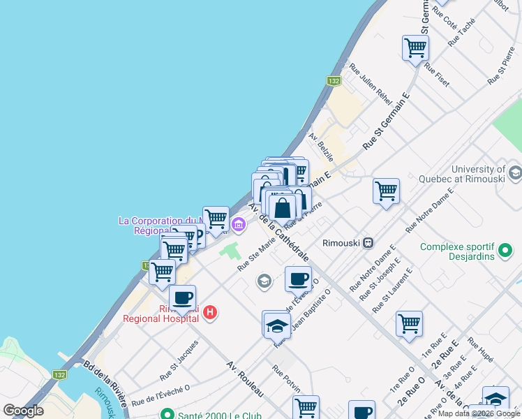 map of restaurants, bars, coffee shops, grocery stores, and more near 2 Rue Saint Germain Est in Rimouski