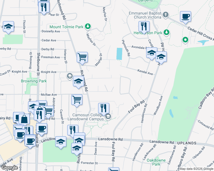 map of restaurants, bars, coffee shops, grocery stores, and more near 3459 Waterloo Place in Victoria
