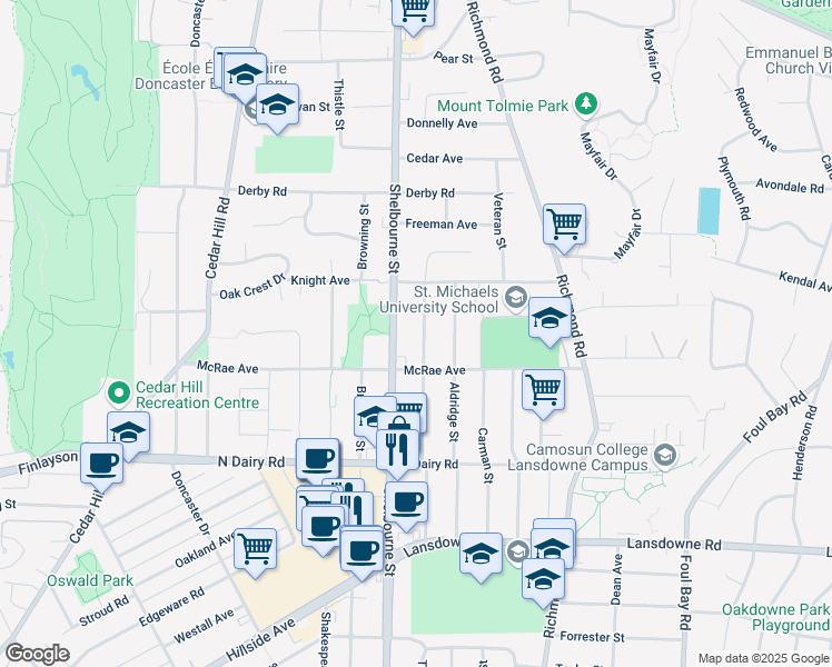 map of restaurants, bars, coffee shops, grocery stores, and more near 3312 Kingsley Street in Victoria