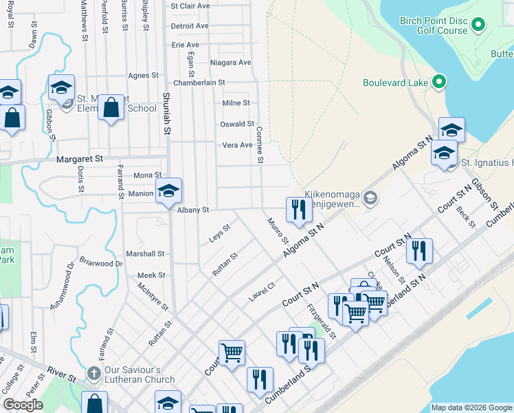 map of restaurants, bars, coffee shops, grocery stores, and more near 76 Albany Street in Thunder Bay