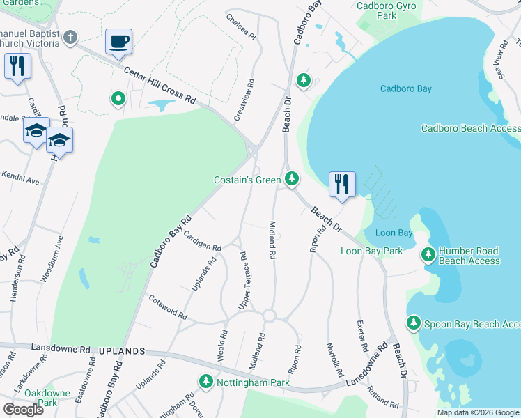 map of restaurants, bars, coffee shops, grocery stores, and more near 3475 Upper Terrace Road in Victoria