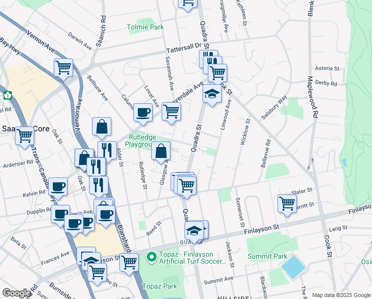 map of restaurants, bars, coffee shops, grocery stores, and more near 1025 Inverness Road in Victoria