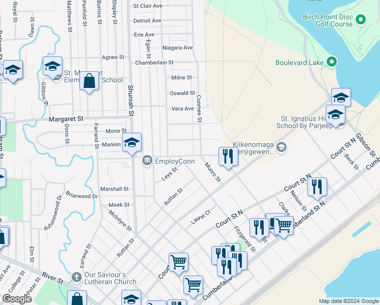 map of restaurants, bars, coffee shops, grocery stores, and more near 76 Albany Street in Thunder Bay