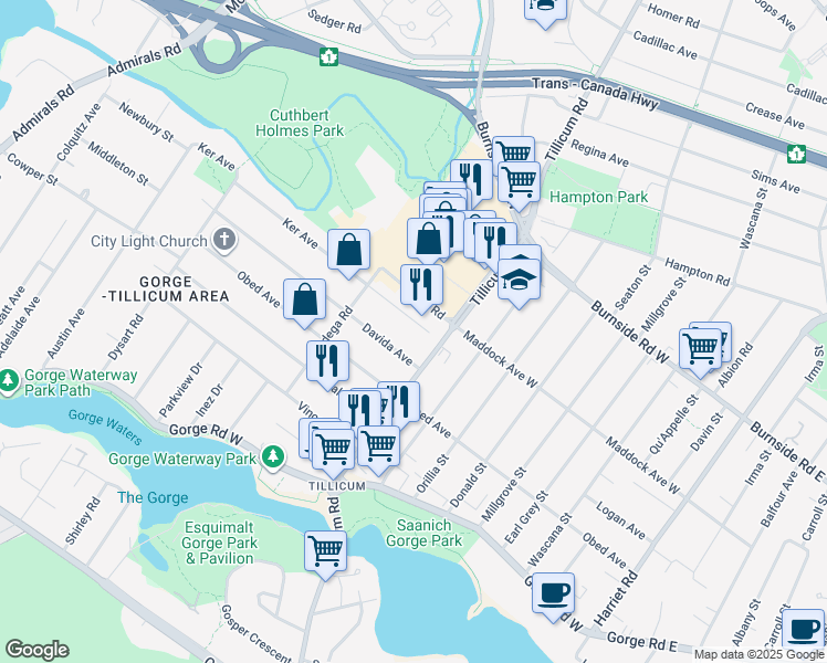 map of restaurants, bars, coffee shops, grocery stores, and more near 325 Ker Avenue in Victoria