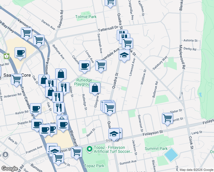 map of restaurants, bars, coffee shops, grocery stores, and more near 1025 Inverness Road in Victoria