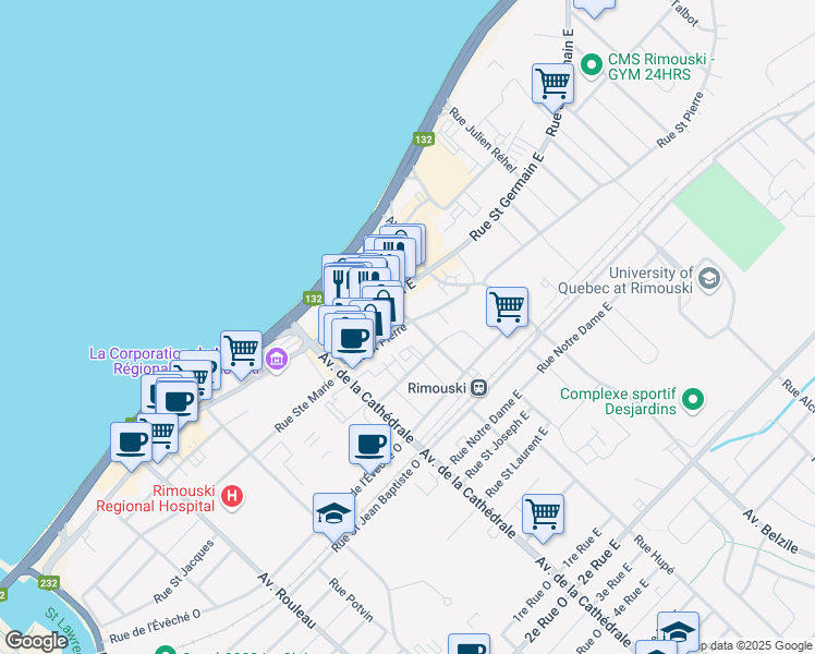 map of restaurants, bars, coffee shops, grocery stores, and more near 38 Rue St Pierre in Rimouski