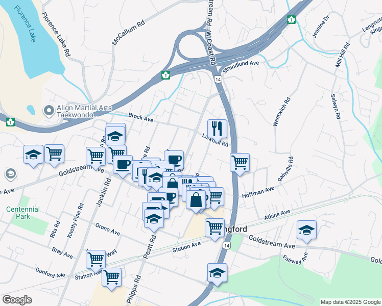 map of restaurants, bars, coffee shops, grocery stores, and more near 2733 Peatt Road in Victoria