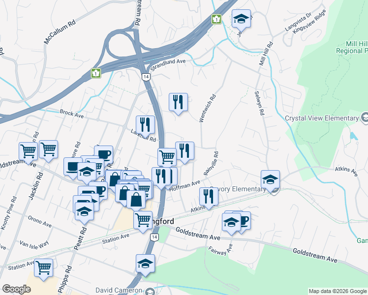 map of restaurants, bars, coffee shops, grocery stores, and more near 2678 Winster Road in Victoria