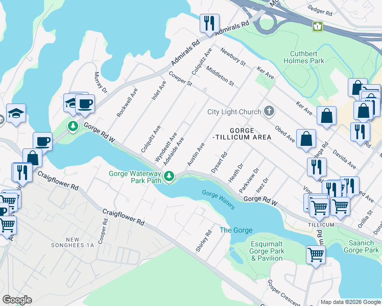 map of restaurants, bars, coffee shops, grocery stores, and more near 2822 Austin Avenue in Victoria