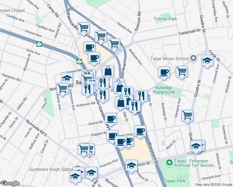 map of restaurants, bars, coffee shops, grocery stores, and more near 3335c Oak Street in Victoria