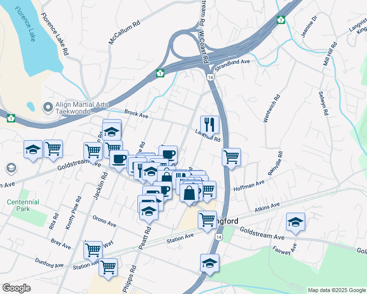 map of restaurants, bars, coffee shops, grocery stores, and more near 2733 Peatt Road in Victoria