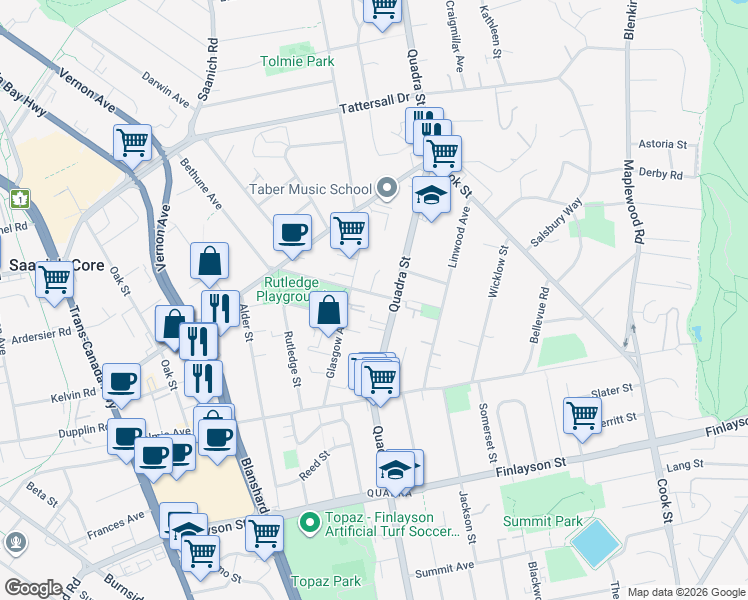map of restaurants, bars, coffee shops, grocery stores, and more near 1025 Inverness Road in Victoria
