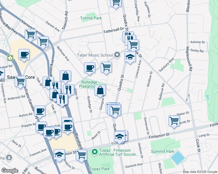 map of restaurants, bars, coffee shops, grocery stores, and more near in Victoria
