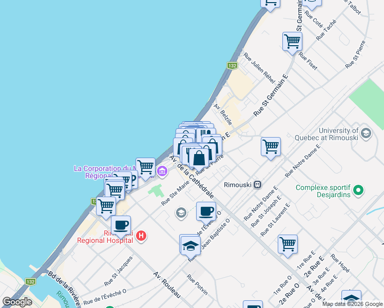 map of restaurants, bars, coffee shops, grocery stores, and more near 38 Rue Saint Germain Est in Rimouski