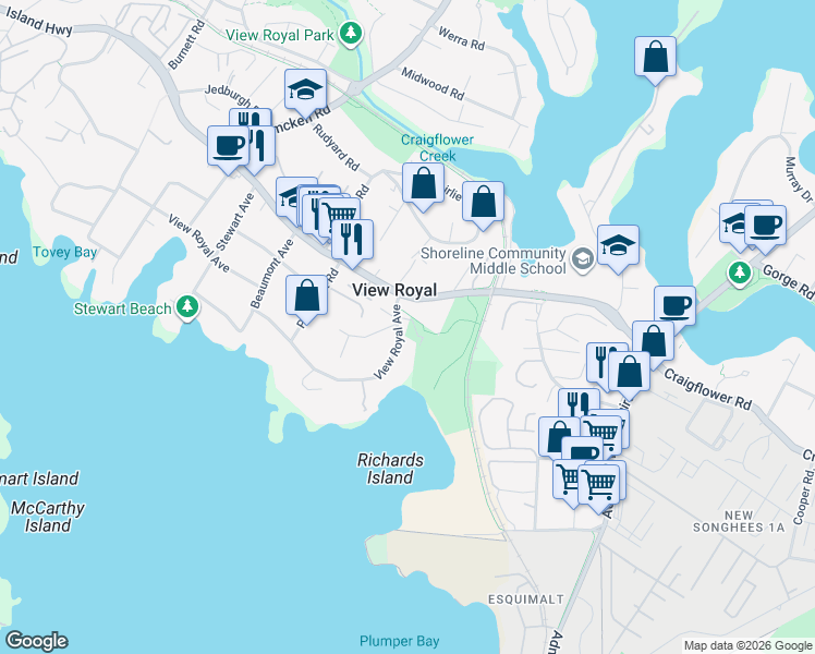 map of restaurants, bars, coffee shops, grocery stores, and more near 45 View Royal Avenue in Victoria