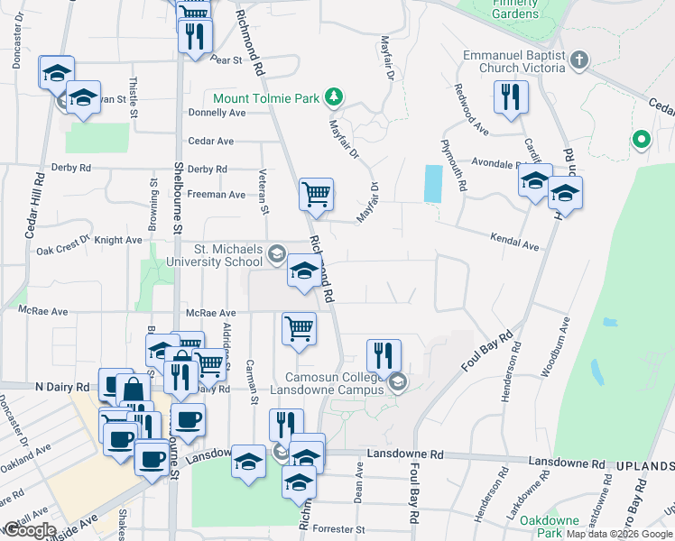 map of restaurants, bars, coffee shops, grocery stores, and more near 3455 Richmond Road in Victoria