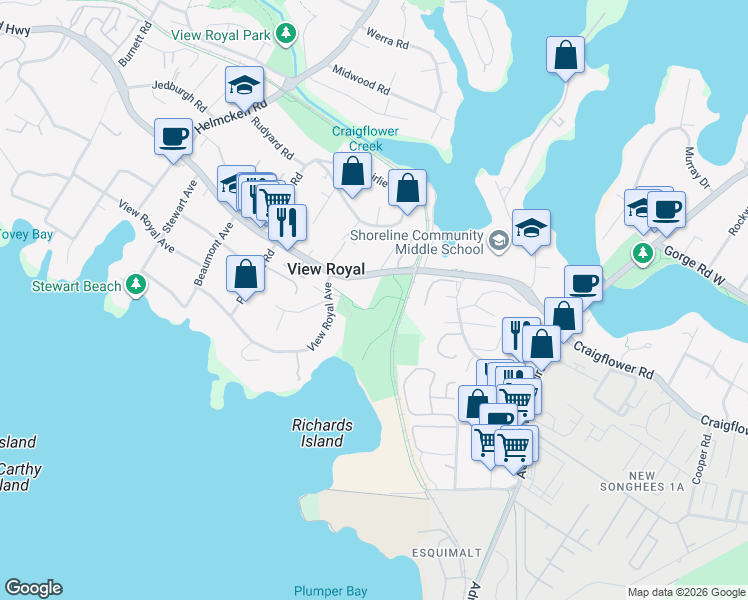 map of restaurants, bars, coffee shops, grocery stores, and more near in Victoria
