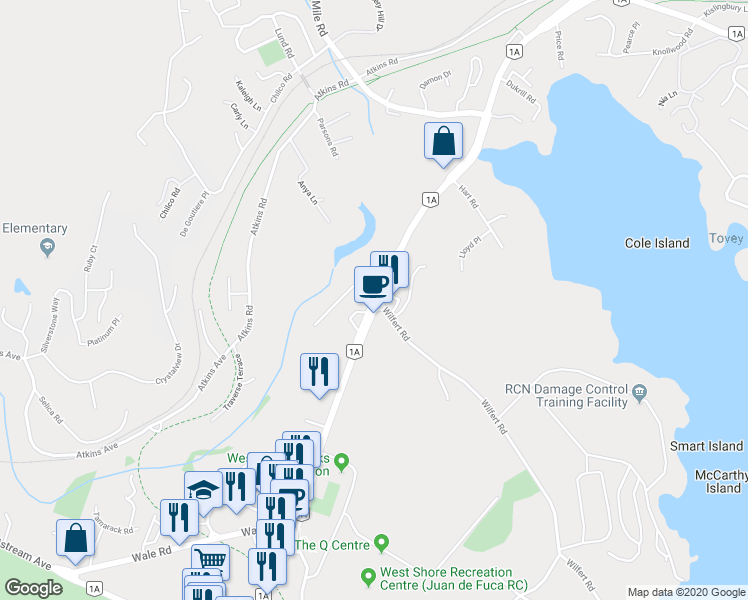 map of restaurants, bars, coffee shops, grocery stores, and more near 1700 Wilfert Road in Victoria