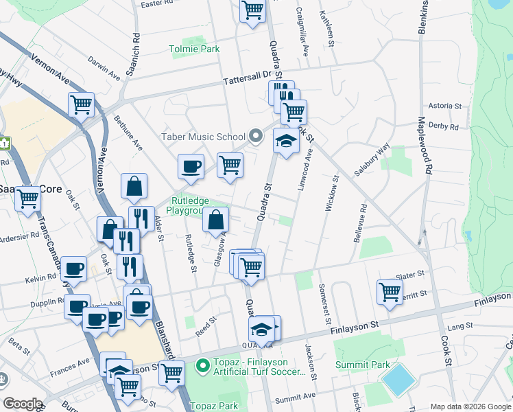 map of restaurants, bars, coffee shops, grocery stores, and more near 1025 Inverness Road in Victoria