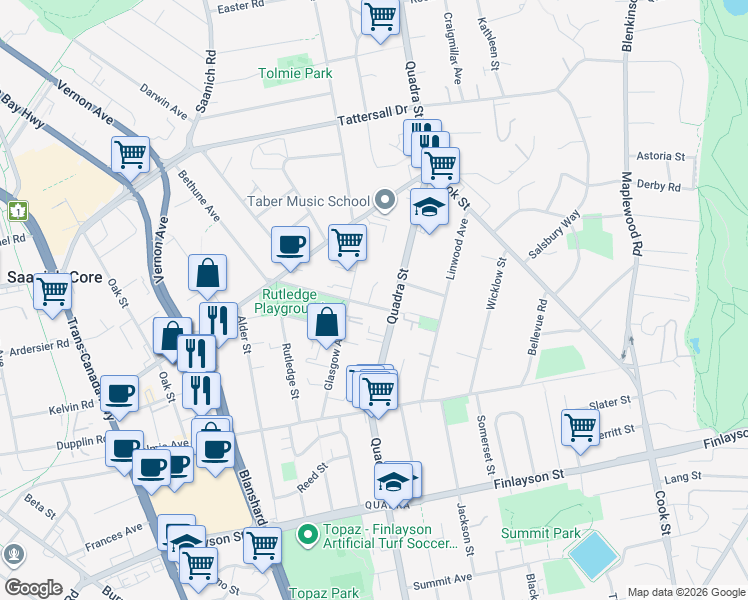 map of restaurants, bars, coffee shops, grocery stores, and more near 1025 Inverness Road in Victoria
