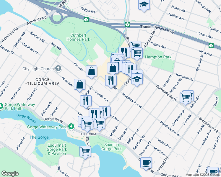 map of restaurants, bars, coffee shops, grocery stores, and more near 332 Ker Avenue in Victoria