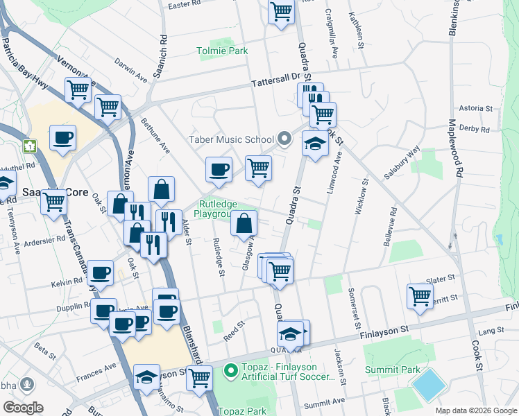 map of restaurants, bars, coffee shops, grocery stores, and more near Inverness Road in Victoria