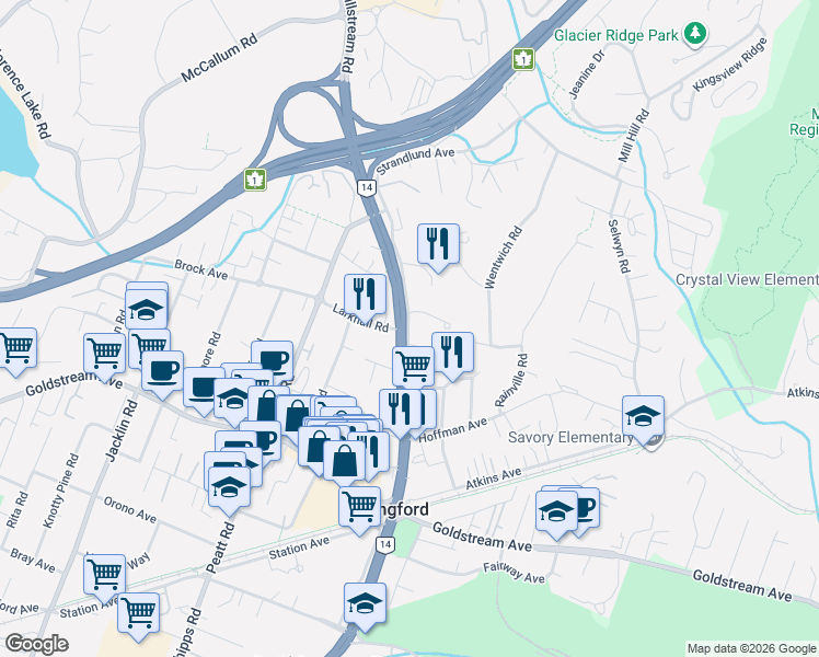 map of restaurants, bars, coffee shops, grocery stores, and more near 2645 Millstream Road in Victoria