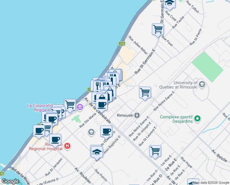 map of restaurants, bars, coffee shops, grocery stores, and more near 154 Rue Lepage in Rimouski