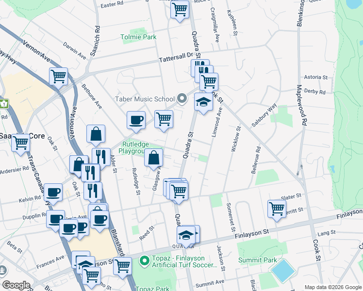 map of restaurants, bars, coffee shops, grocery stores, and more near 1025 Inverness Road in Victoria