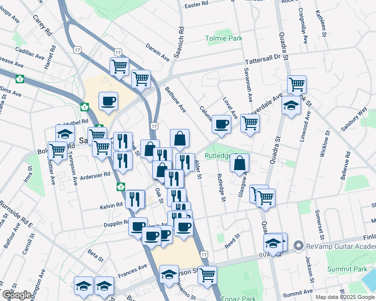 map of restaurants, bars, coffee shops, grocery stores, and more near 3409 Seymour Place in Victoria