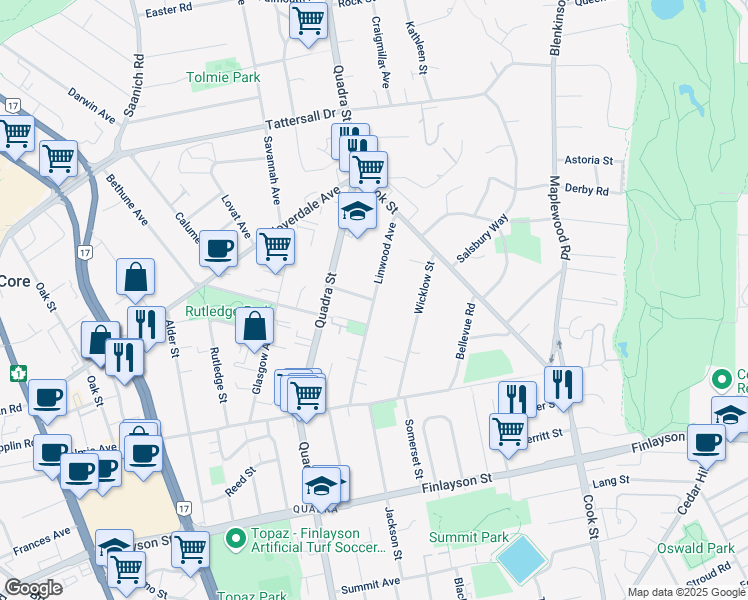 map of restaurants, bars, coffee shops, grocery stores, and more near Linwood Avenue in Victoria