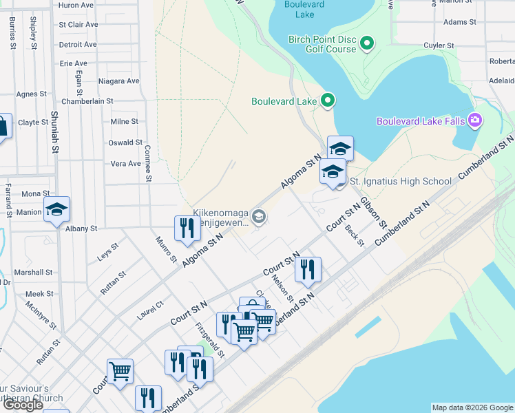 map of restaurants, bars, coffee shops, grocery stores, and more near 545 Algoma Street North in Thunder Bay