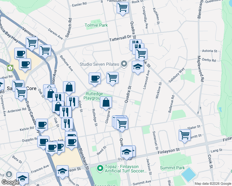 map of restaurants, bars, coffee shops, grocery stores, and more near 3315 Glasgow Avenue in Victoria